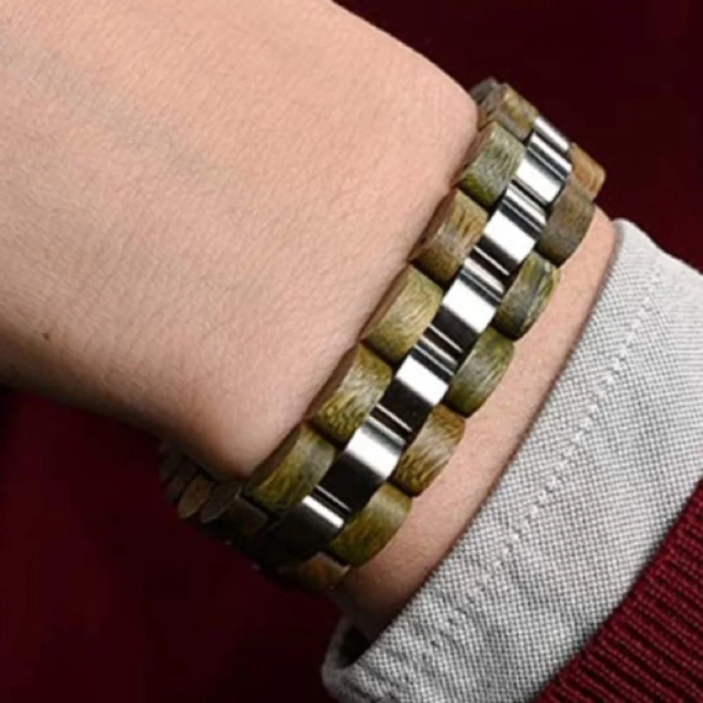 Mens GREEN Wood & Stainless Steel Combined Wooden bracelet *NEW* ARRIVES NEW